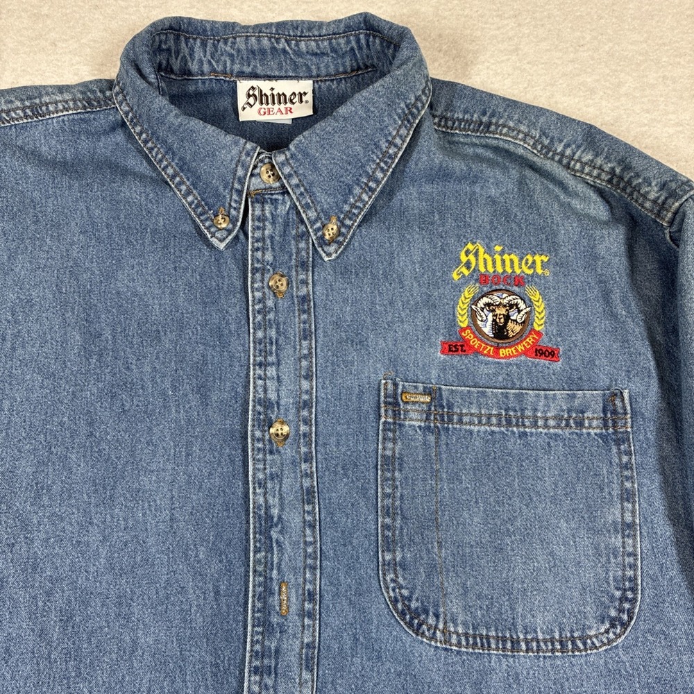 Rare Shiner Gear Shiner Bock XXL 2XL Long Sleeve Denim Embroidered Shirt USA